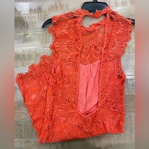 Free People DAYDREAMER Lace knit eyelet crochet  Dress Coral NWT S